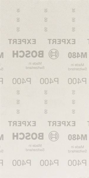 Bosch M480 Expert 400 Körnung Schleifpapier' ist auf der Schleifpapierfläche sichtbar und zeigt Markenzeichen und Spezifikationen.