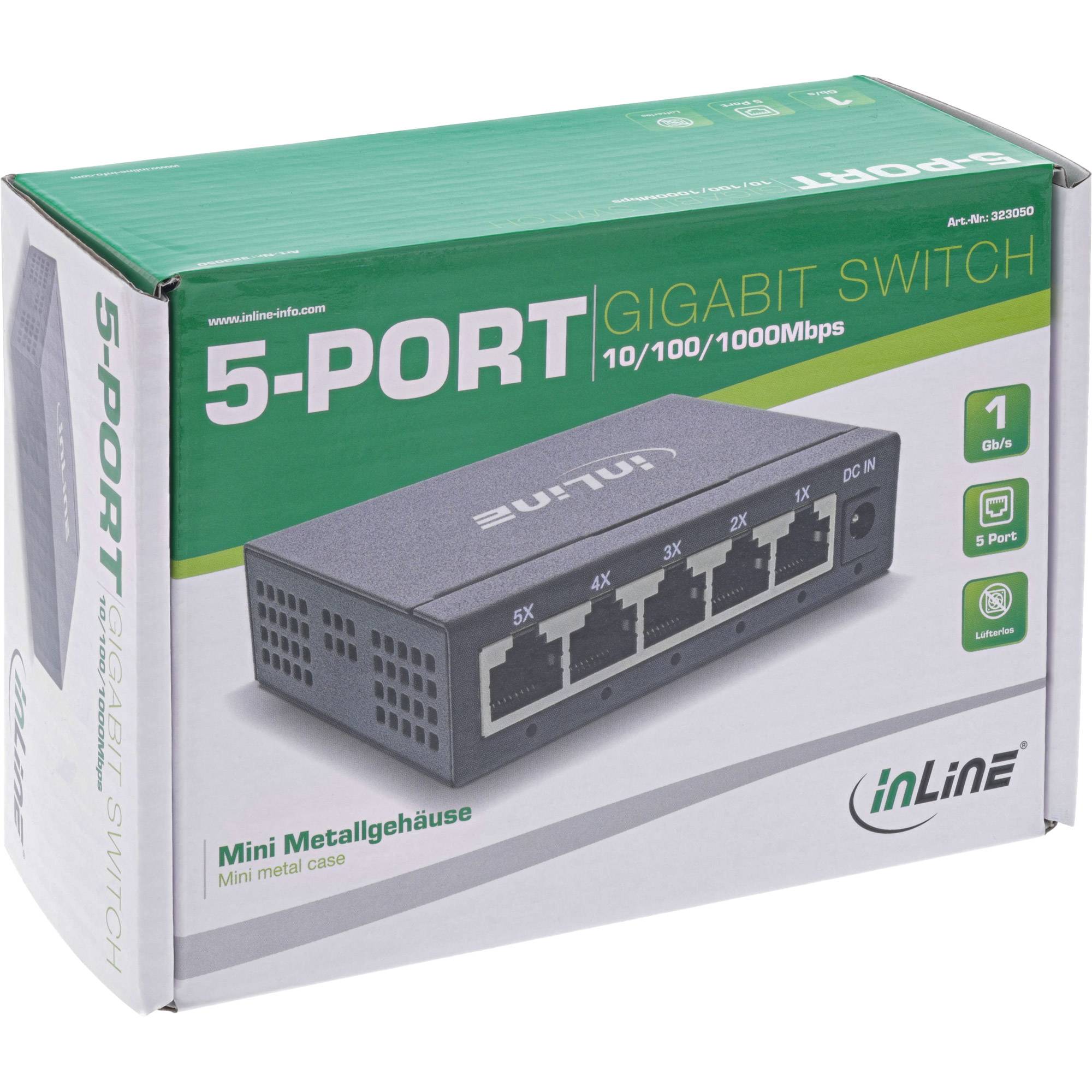 INLINE - Gigabit Netzwerk Switch 5-Port - 1Gb/s - Desktop - Metallgehäuse - lüfterlos