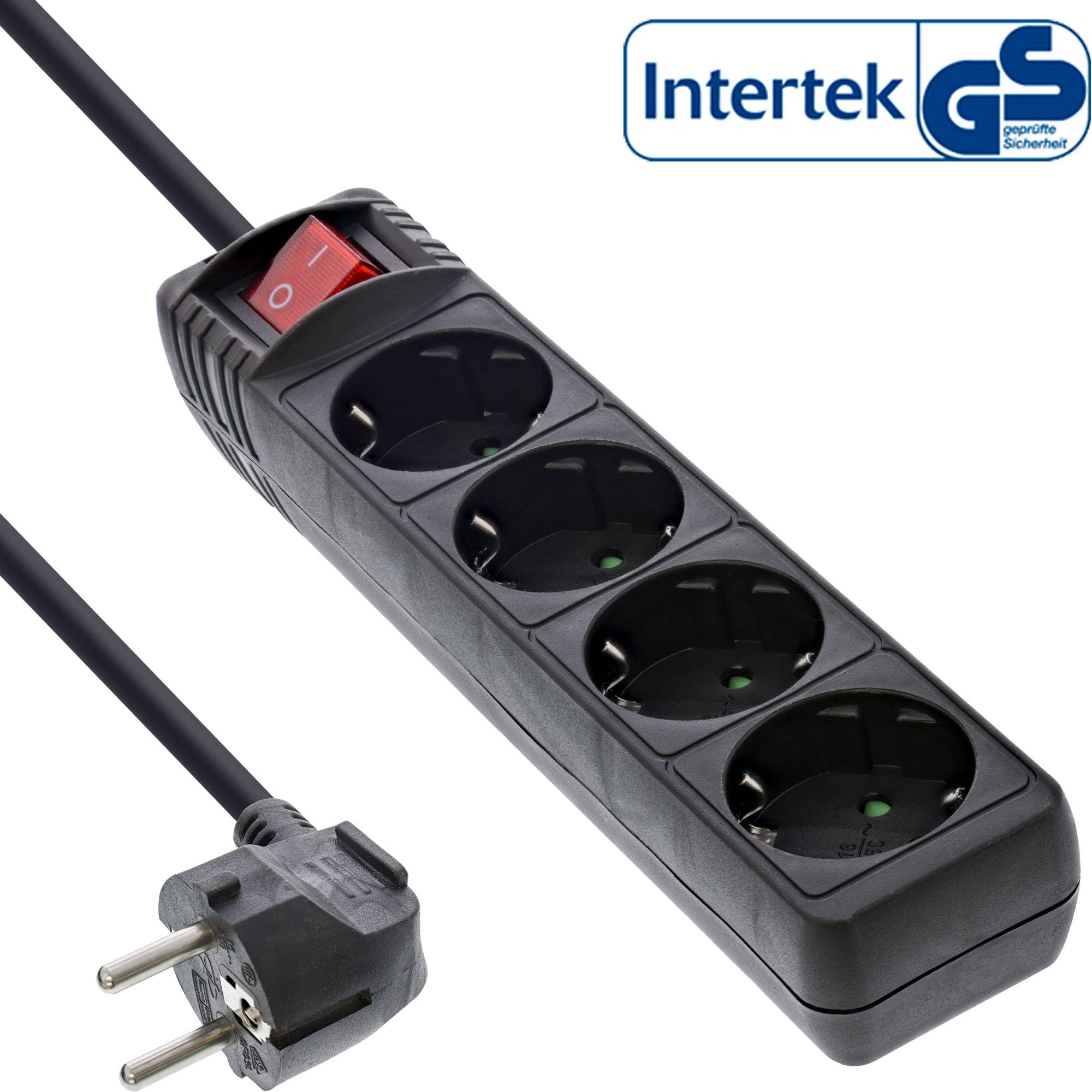 INLINE - Steckdosenleiste - 4-fach Schutzkontakt - mit Schalter - schwarz - 1,5m