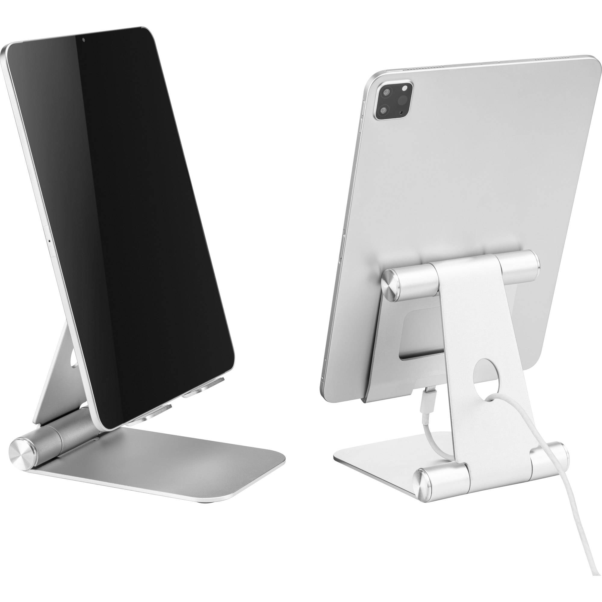 Zwei silberfarbene verstellbare Tablet-Ständer von vorne und von hinten gezeigt, einer hält ein Tablet mit schwarzem Bildschirm und der andere ein Tablet mit angeschlossenem Ladekabel.
