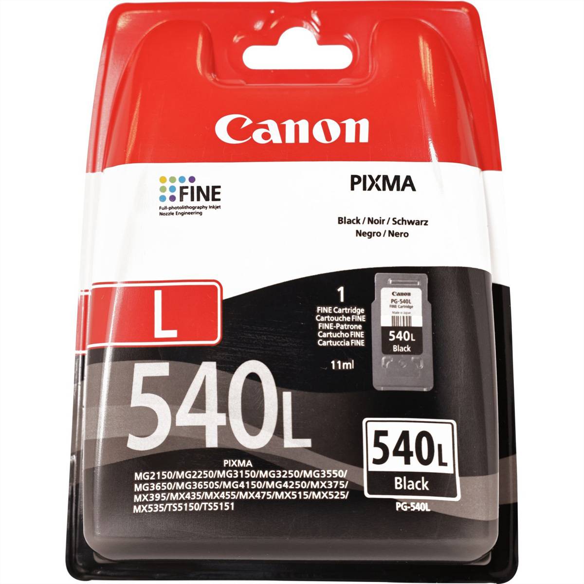 Canon PIXMA 540L schwarze Tintenpatrone für kompatible Drucker, mit Produktnummer PG-540L und 11 ml Kapazität.