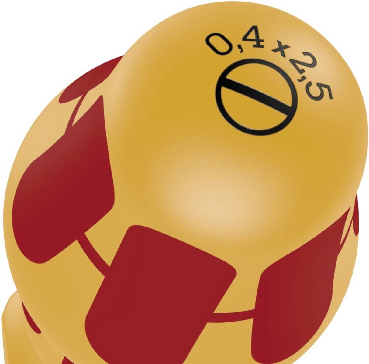 Ein gelb-roter Schraubendrehergriff, der mit '0,4 x 2,5' und einem Schlitzschraubendreher-Symbol gekennzeichnet ist, der die Abmessungen und den Typ für Präzisionsarbeiten anzeigt.