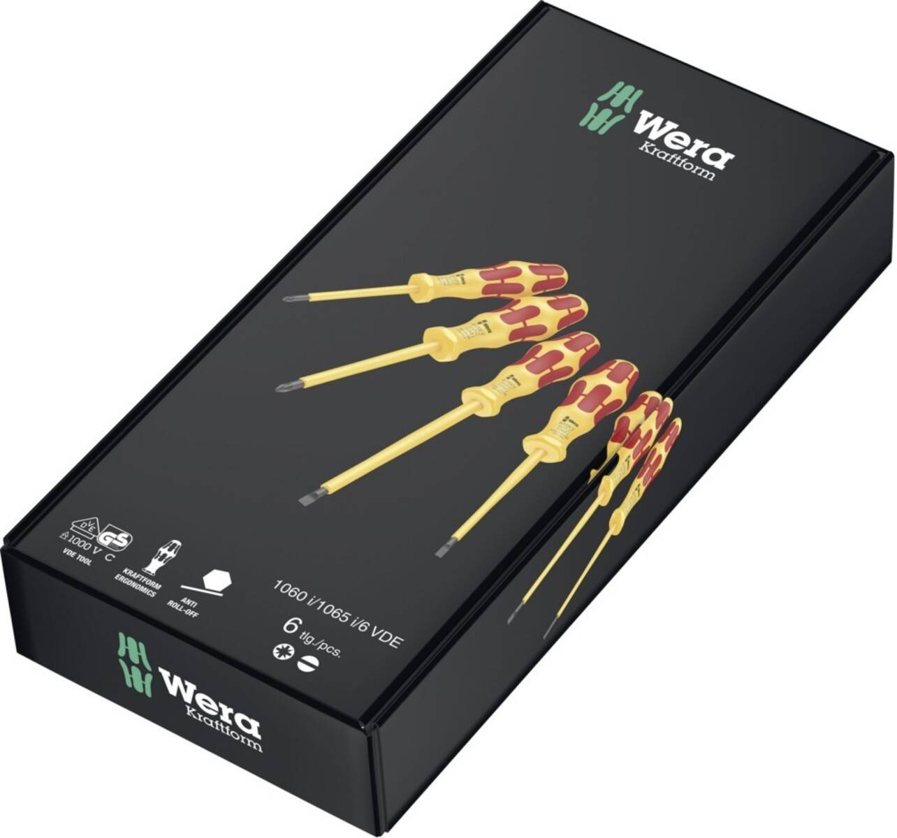 Wera Kraftform Schraubendreher-Set in einer Box mit sechs gelb-roten Schraubenziehern, die VDE-Zertifizierungssymbole für Sicherheit und Qualität aufweisen.
