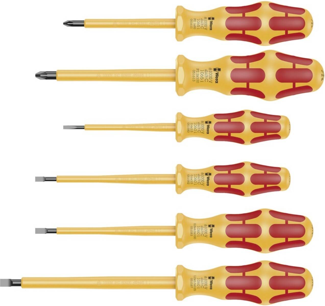 Fünf isolierte Schraubendreher mit roten und gelben Griffen, die in Spitzentyp und Größe variieren und für elektrische Arbeiten konzipiert sind.