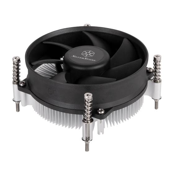 Kühlventilator der Computer-CPU mit schwarzer Verkleidung, silbernen Kühlrippenfinnen und vier federnd gelagerten Schrauben auf weißem Hintergrund.