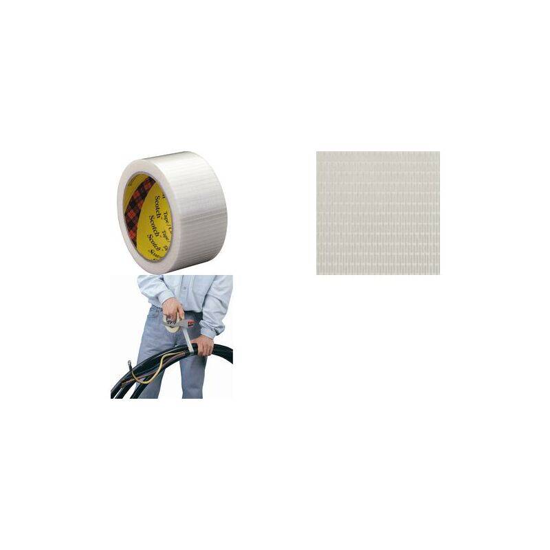 Eine Rolle weißes Klebeband mit einer Nahaufnahme der Bandtextur. Darunter wendet eine Person das Band an einem Schlauch an und demonstriert dessen Verwendung.