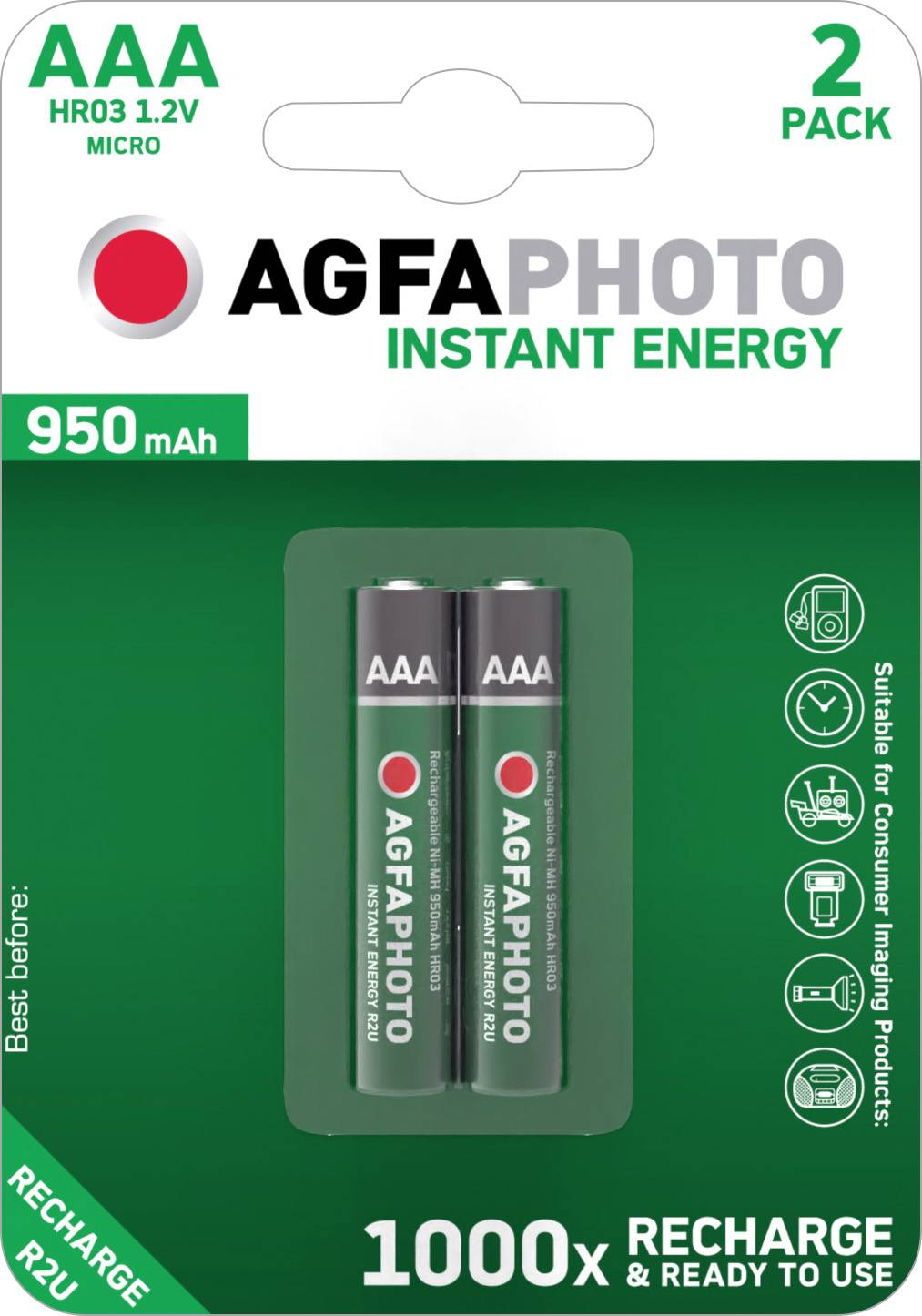 AGFAPHOTO Akku NiMH Instant Energy Micro AAA HR03 1.2V 950 mAh (2er Blister)