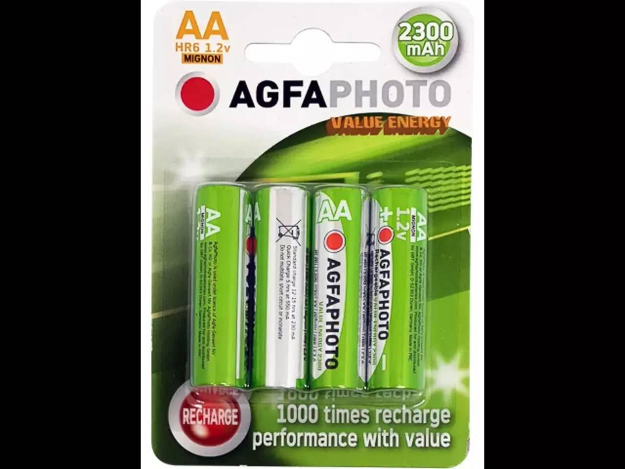 AGFAPHOTO AA Wiederaufladbarer Batteriesatz, 2300 mAh, mit vier Batterien abgebildet und Text, der 