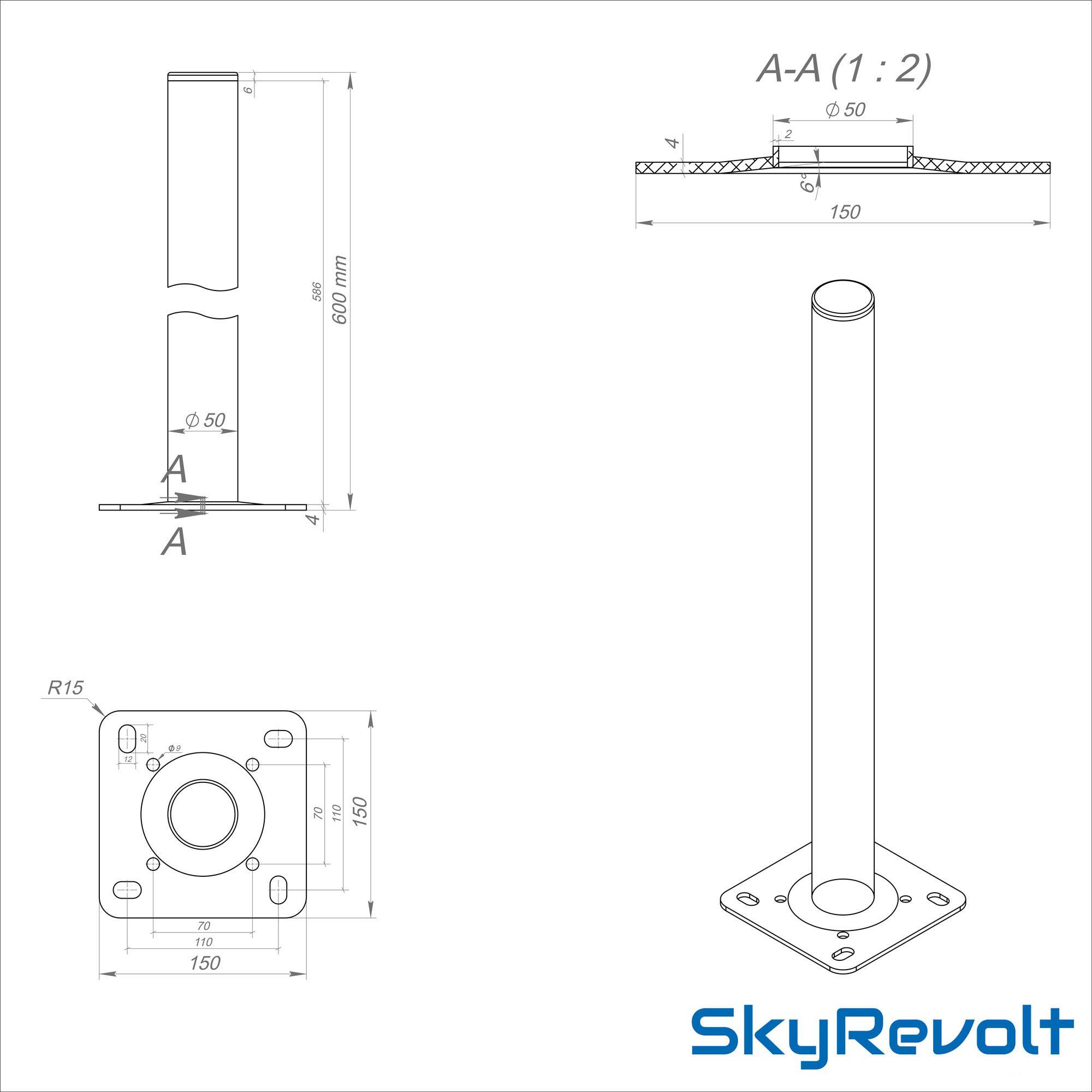 SkyRevolt 60cm Mast 50mm Standfuss Antennenmast Flach-Dach Rohr-Ständer Mastfuss Balkon-Halter für Satellitenantenne SAT-Schüssel aus Aluminium