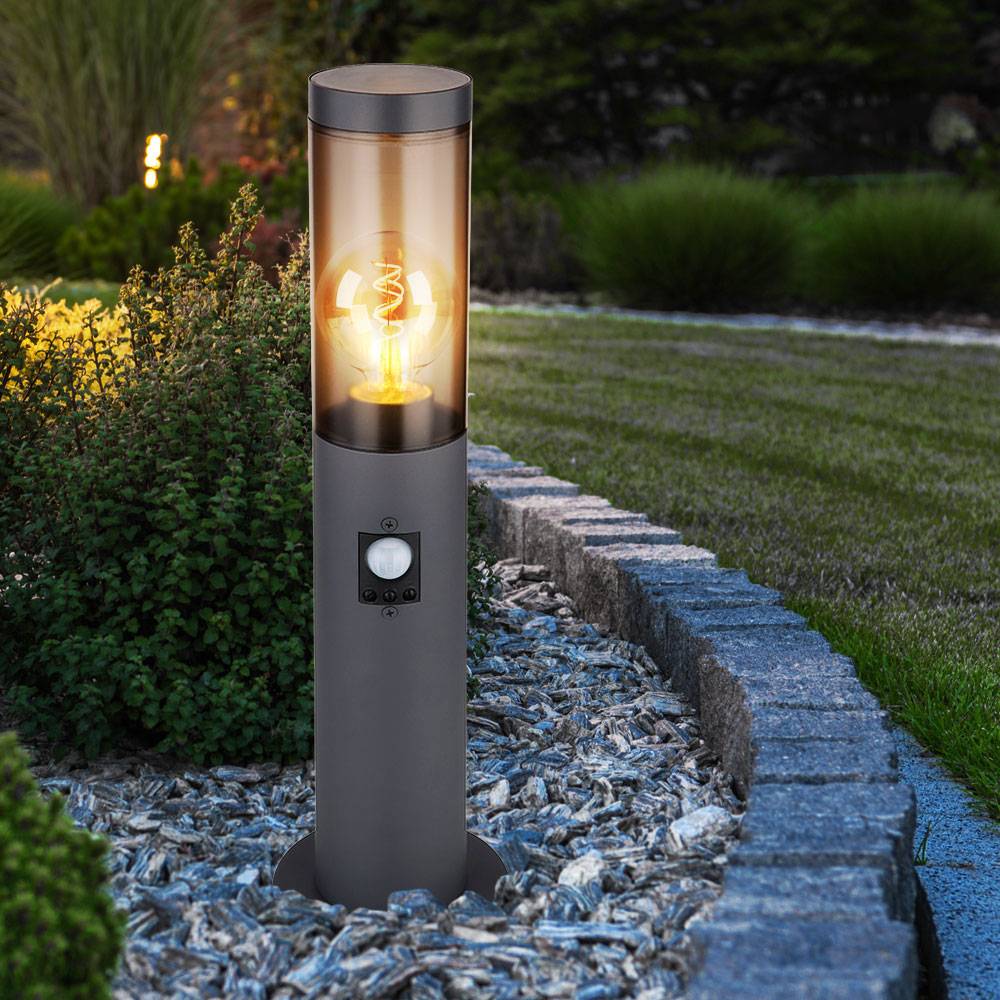 Außenbeleuchtung Standleuchte Sockelleuchte rauch anthrazit Außen mit Bewegungsmelder Garten Stehlampe, Metall Kunststoff, 1x E27, DxH 7,6x45 cm