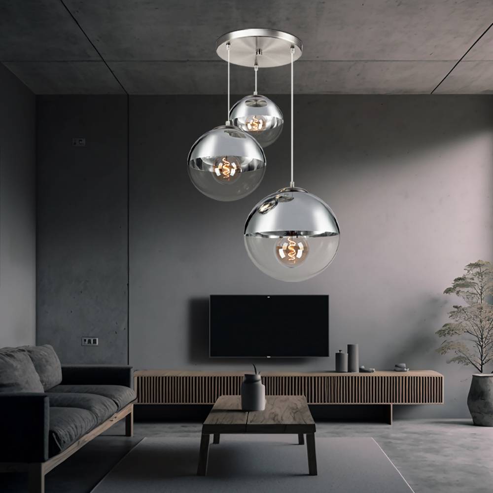 Hängeleuchte Hängelampe Pendelleuchte Kugellampe Esszimmerleuchte Schlafzimmer, 3 flammig, Metall Glas Chrom Nickel matt, 3x E27 Fassungen, DxH 51x1