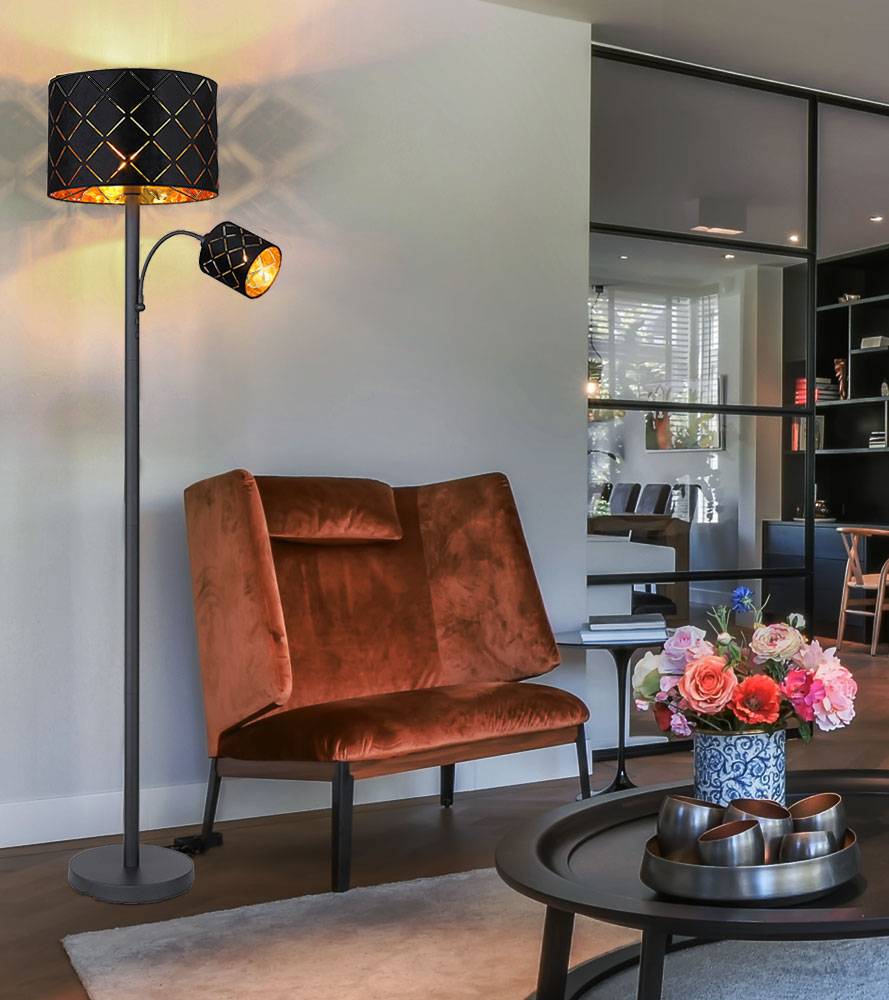 Stehlampe mit Leselampe Wohnzimmer Stehleuchte Leseleuchte Deckenfluter Schwarz Gold, Leselampe flexibel Dekorstanzungen, 1x E27 1x E14, DxH 35
