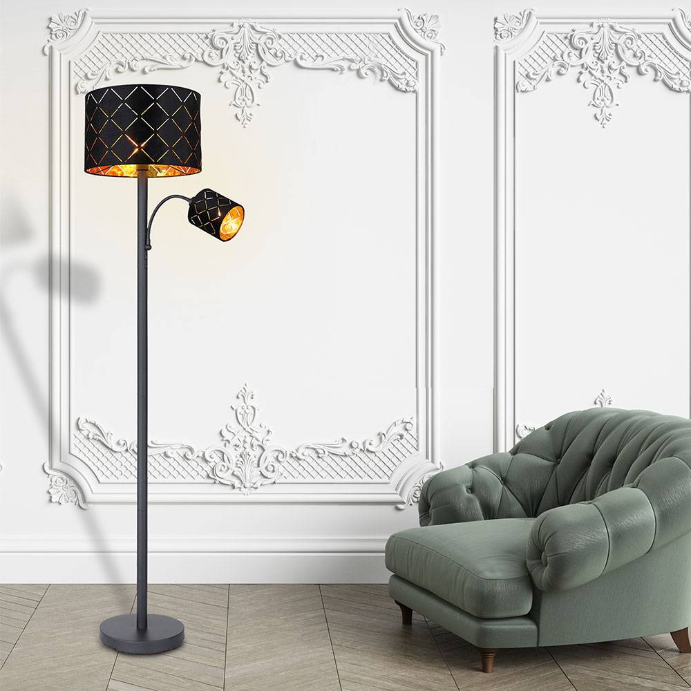 Stehlampe mit Leselampe Wohnzimmer Stehleuchte Leseleuchte Deckenfluter Schwarz Gold, Leselampe flexibel Dekorstanzungen, 1x E27 1x E14, DxH 35