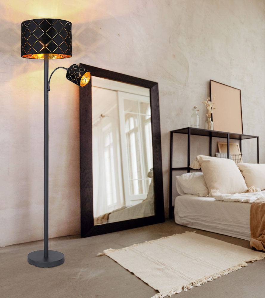 Stehlampe mit Leselampe Wohnzimmer Stehleuchte Leseleuchte Deckenfluter Schwarz Gold, Leselampe flexibel Dekorstanzungen, 1x E27 1x E14, DxH 35