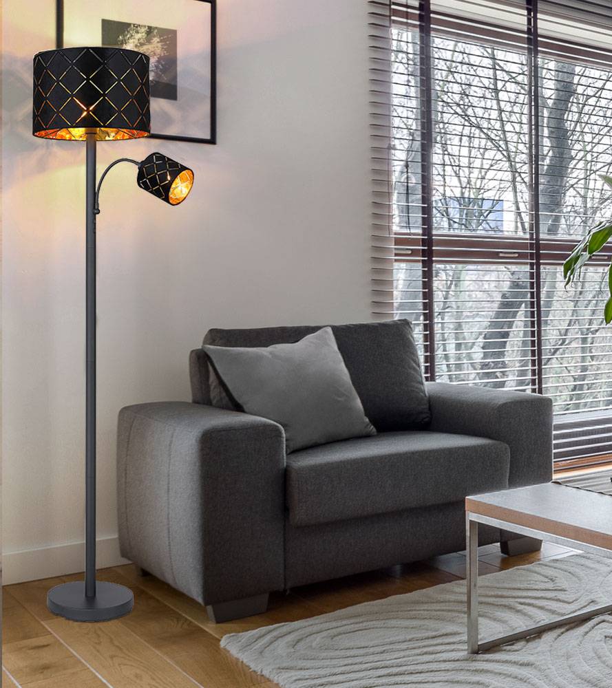 Stehlampe mit Leselampe Wohnzimmer Stehleuchte Leseleuchte Deckenfluter Schwarz Gold, Leselampe flexibel Dekorstanzungen, 1x E27 1x E14, DxH 35