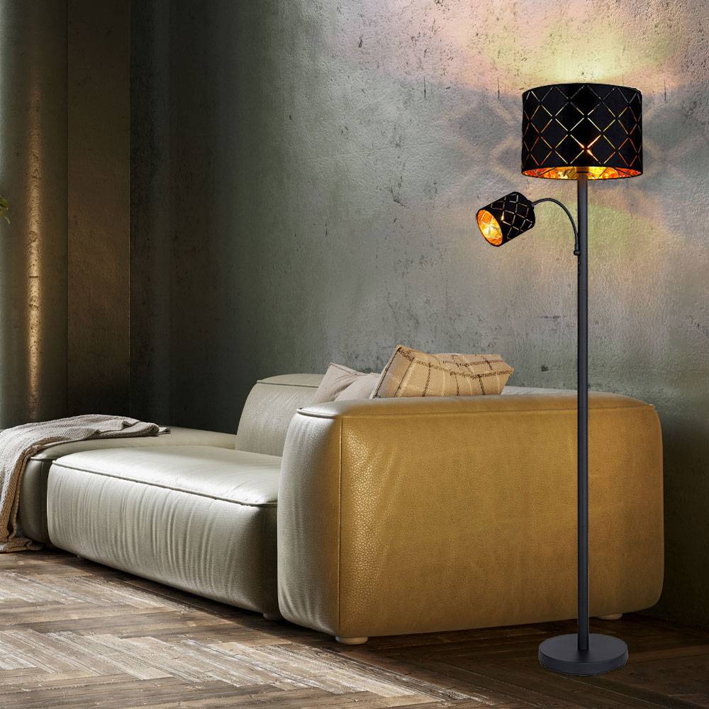 Stehlampe mit Leselampe Wohnzimmer Stehleuchte Leseleuchte Deckenfluter Schwarz Gold, Leselampe flexibel Dekorstanzungen, 1x E27 1x E14, DxH 35