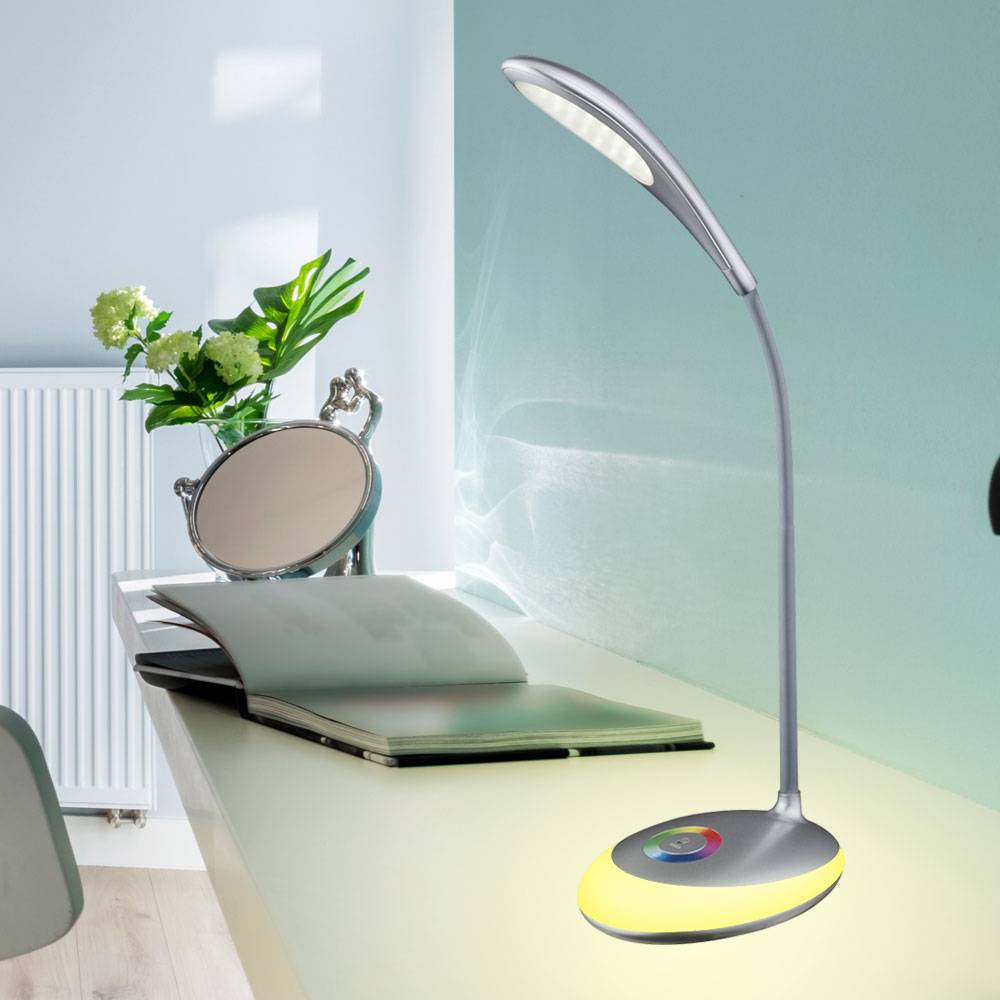 Schreibtischleuchte Touch Farbwechsel Tischlampe Touch dimmbar Tischlampe Schwanenhals, Akku, silber, 1x LED 3W neutralweiß 1x RGB 1,4W, H 48 cm