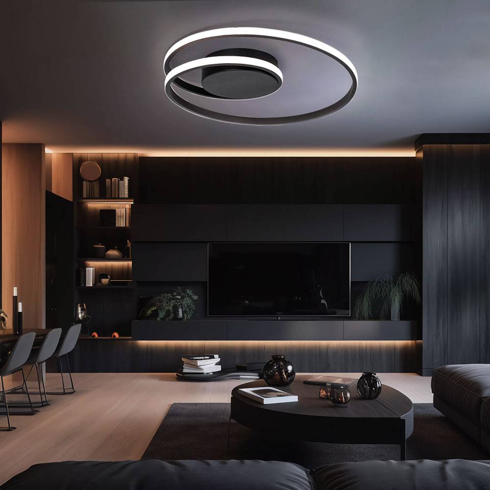 Deckenleuchte Deckenlampe Wohnzimmerleuchte Esszimmerlampe Schlafzimmer, Switch Dimmer, Metall schwarz matt, 1x LED 22W 2500Lm 3000K, DxH 39x7cm