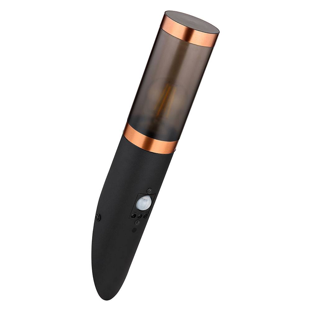 Außenwandlampe mit Bewegungsmelder Edelstahl Wandleuchte Fackel Aussen, Kupfer schwarz Schirm rauch, 1x E27, BxH 7,6x41 cm