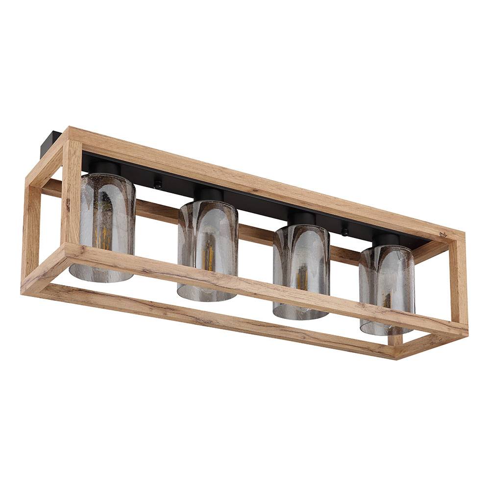 Deckenlampe Esstisch Retro Deckenleuchte rustikal Landhaus Deckenlampe Wohnzimmer Holz, MDF Glas rauch Metall, 4 Flammig E27, LxBxH 75x20x22,5 cm