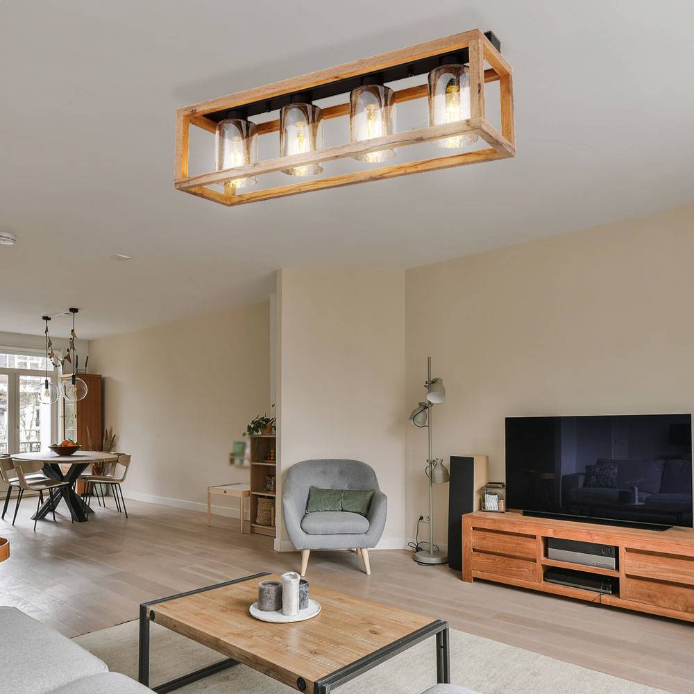 Deckenlampe Esstisch Retro Deckenleuchte rustikal Landhaus Deckenlampe Wohnzimmer Holz, MDF Glas rauch Metall, 4 Flammig E27, LxBxH 75x20x22,5 cm