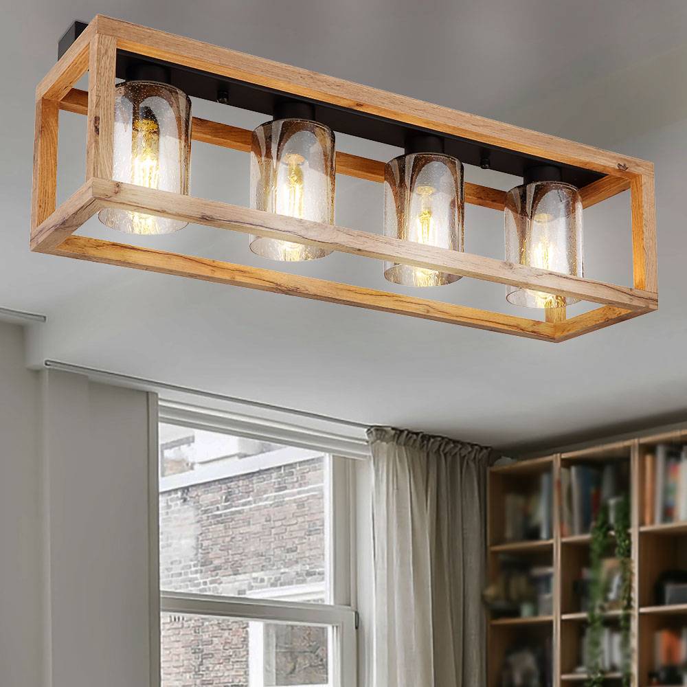 Deckenlampe Esstisch Retro Deckenleuchte rustikal Landhaus Deckenlampe Wohnzimmer Holz, MDF Glas rauch Metall, 4 Flammig E27, LxBxH 75x20x22,5 cm