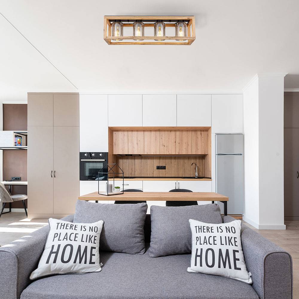 Deckenlampe Esstisch Retro Deckenleuchte rustikal Landhaus Deckenlampe Wohnzimmer Holz, MDF Glas rauch Metall, 4 Flammig E27, LxBxH 75x20x22,5 cm