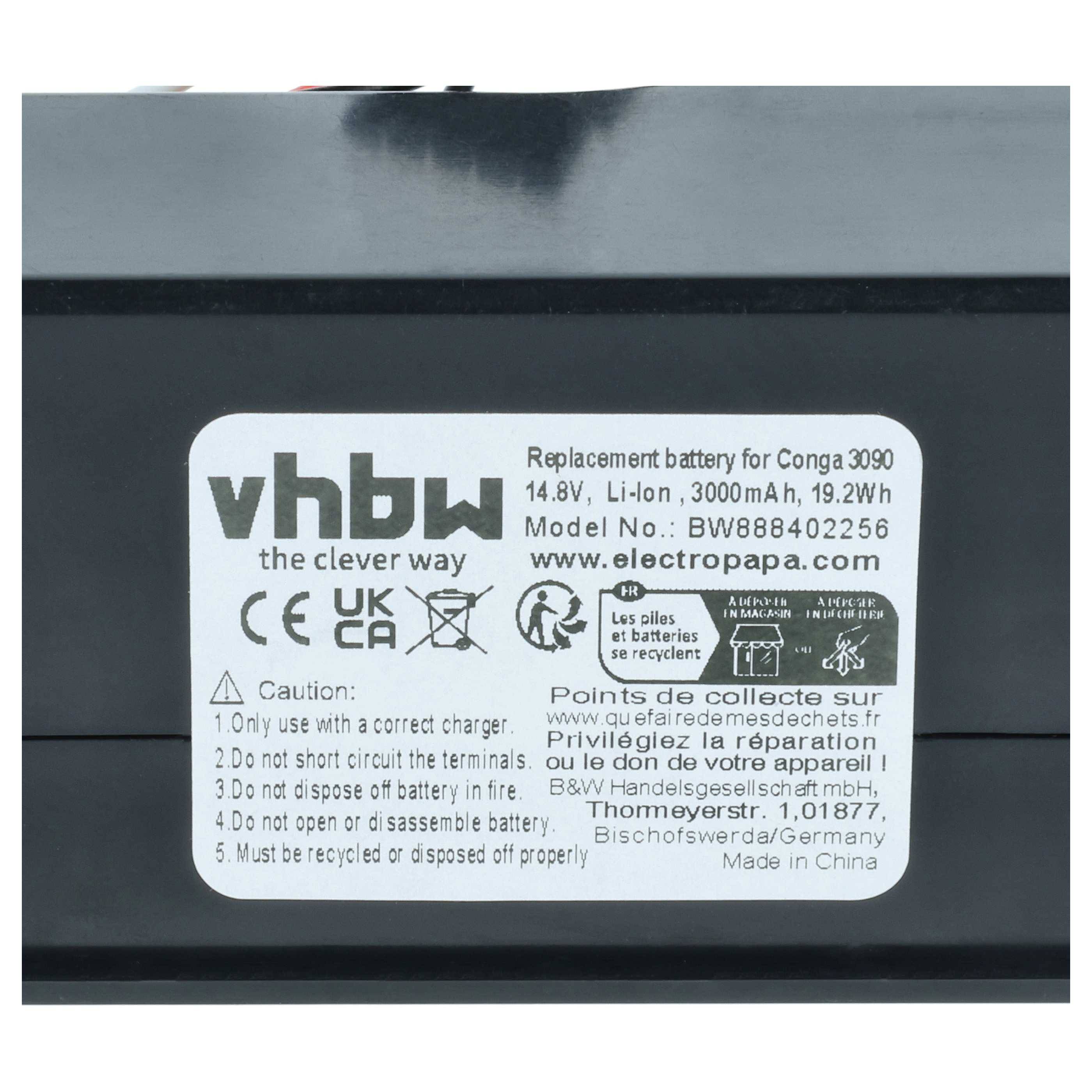 vhbw Akku kompatibel mit Cecotec Conga 1690 Pro, 3092, 3090, 3091 Staubsauger (3000 mAh, 14,8 V, Li-Ion)