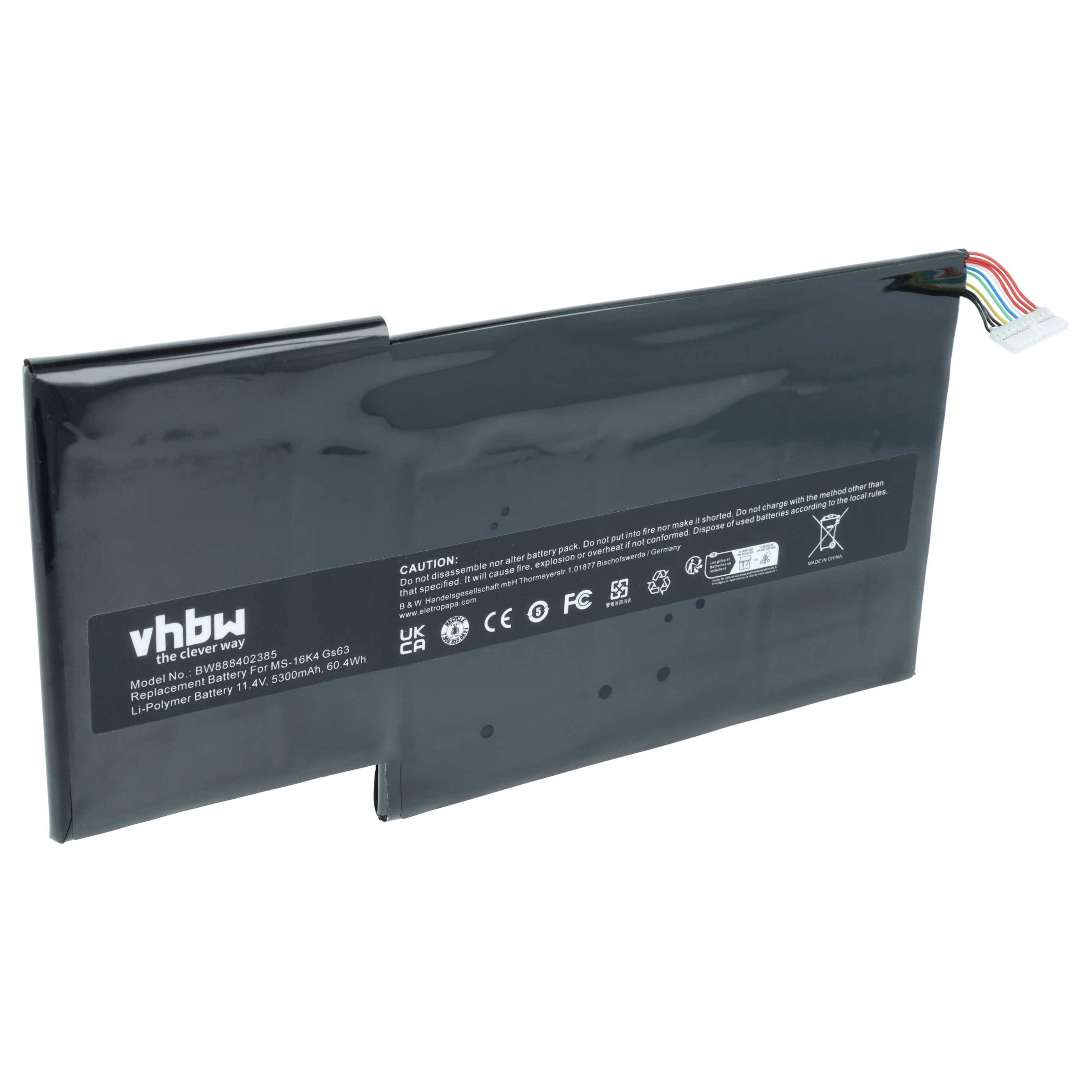 vhbw Akku kompatibel mit MSI GS63VR Stealth Pro-048, GS63VR Stealth Pro-078 Notebook (5300 mAh, 11,4 V, Li-Polymer)