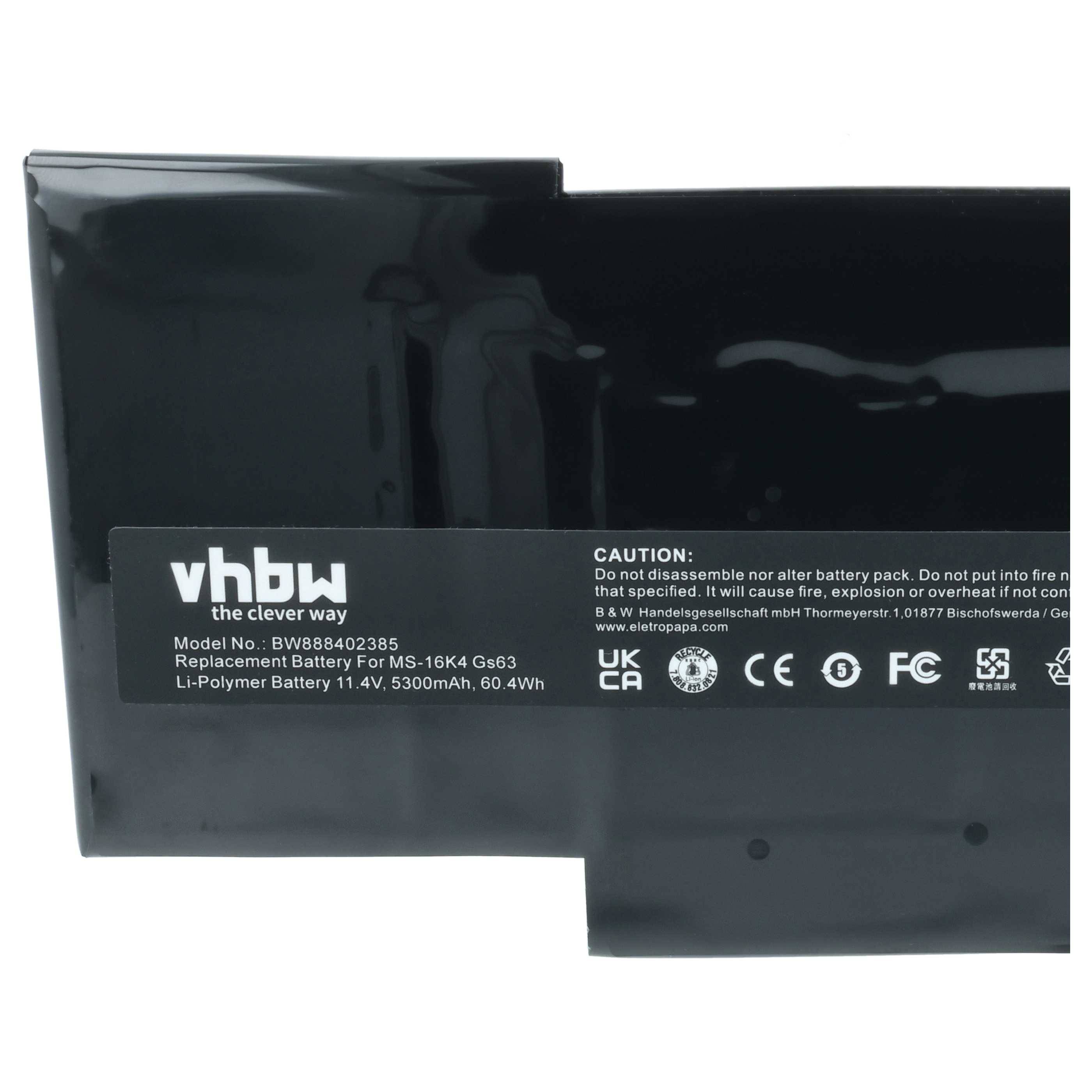 vhbw Akku kompatibel mit MSI WS63 8SL-016, WS63 8SL-015, WS63 8SL-013ES, WS63 8SL Notebook (5300 mAh, 11,4 V, Li-Polymer)