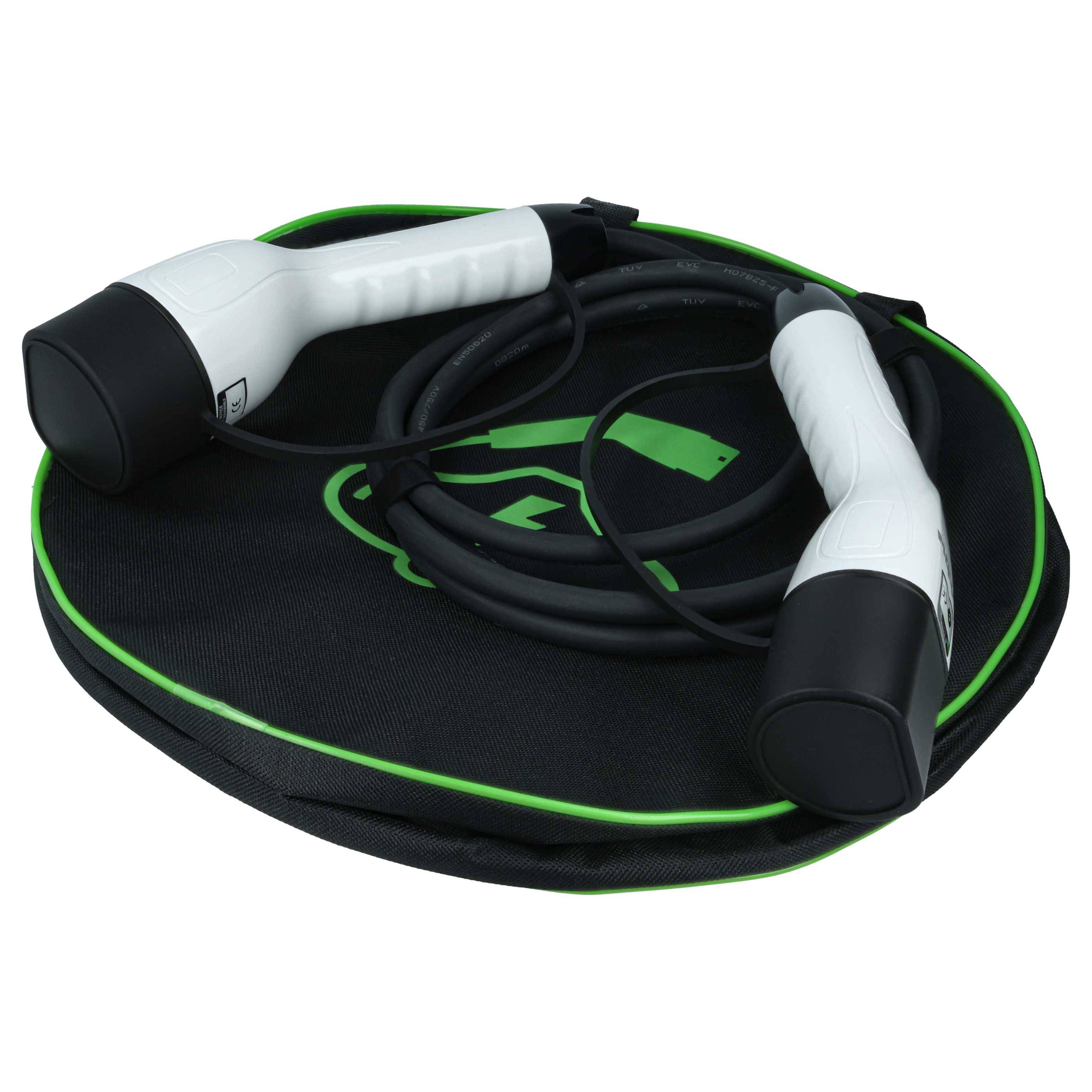 Elektrofahrzeug-Ladekabel mit weißen Steckern aufgerollt auf einem schwarzen Koffer mit grünem Rand.