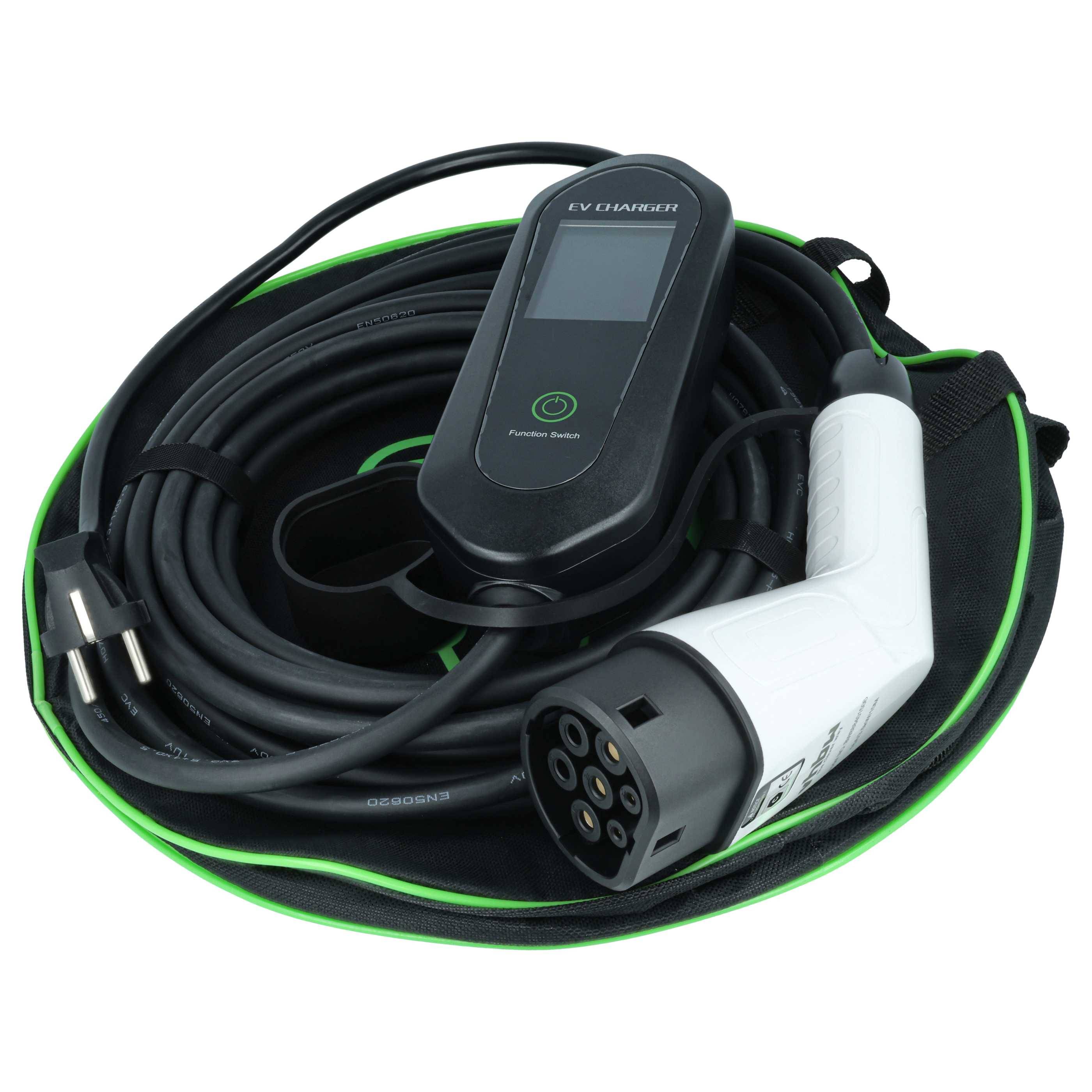 Elektrofahrzeug-Ladekabel in einer runden Tragetasche aufgerollt, mit Standard-Ladestecker und Steuereinheit mit Display.