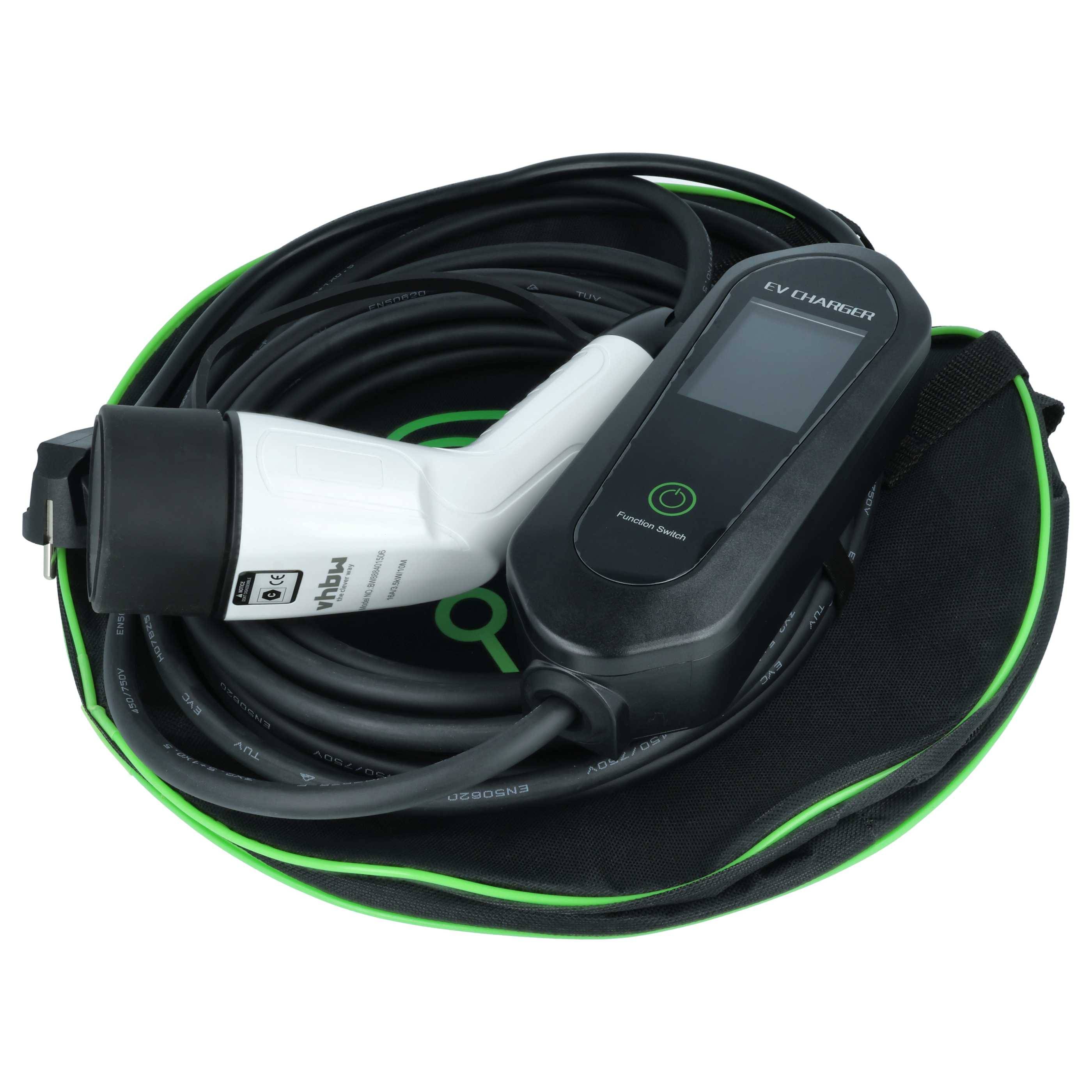 Ein Elektrofahrzeug-Ladegerät (EV-Ladegerät) mit aufgewickeltem Kabel und Stecker, das auf einem Gehäuse ruht. Das Ladegerät verfügt über einen Anzeigebildschirm und einen Netzschalter.