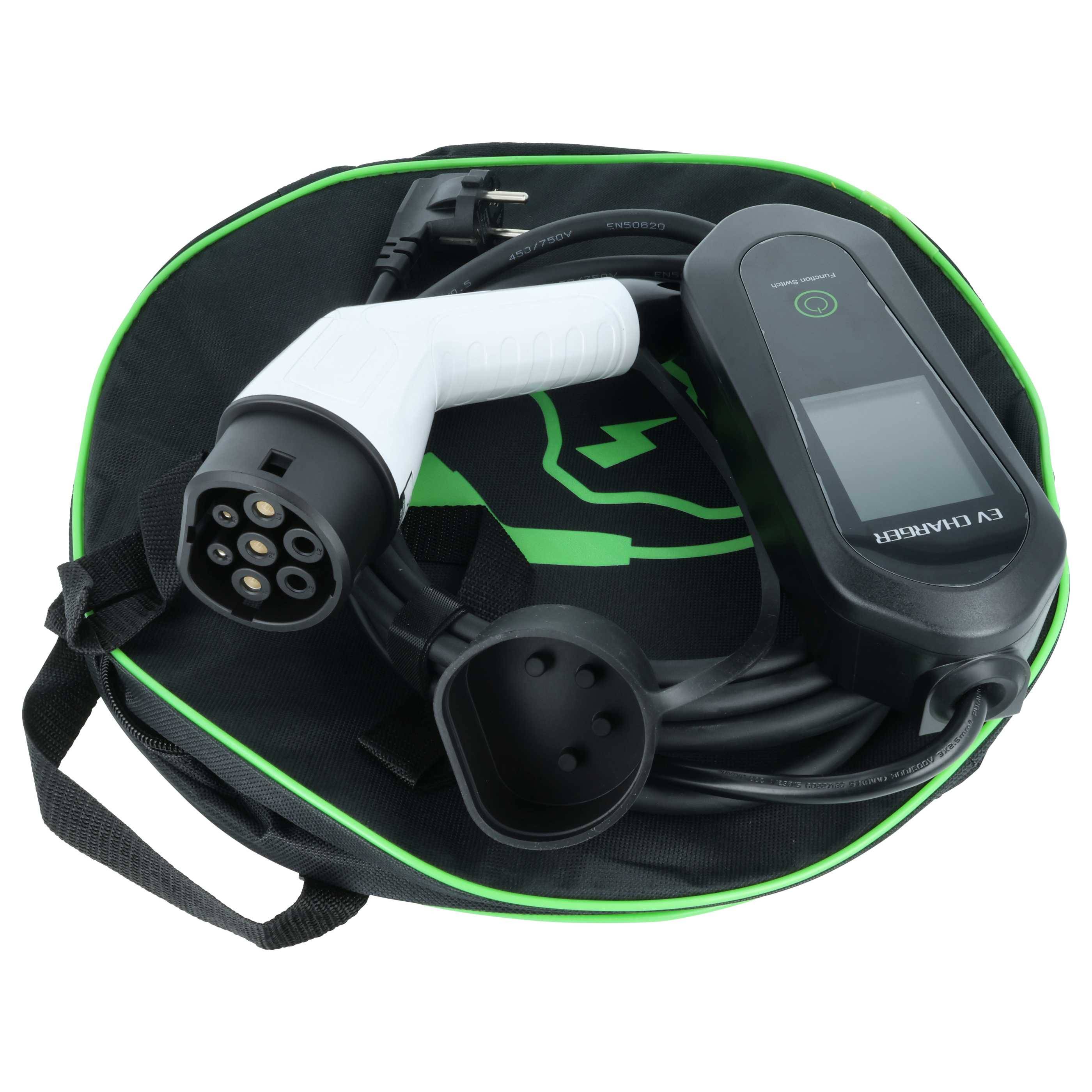 Ladegerät für Elektrofahrzeuge mit weißem Griff und Display, aufgewickelt auf einer runden Tragetasche mit grünem Blitzsymbol.