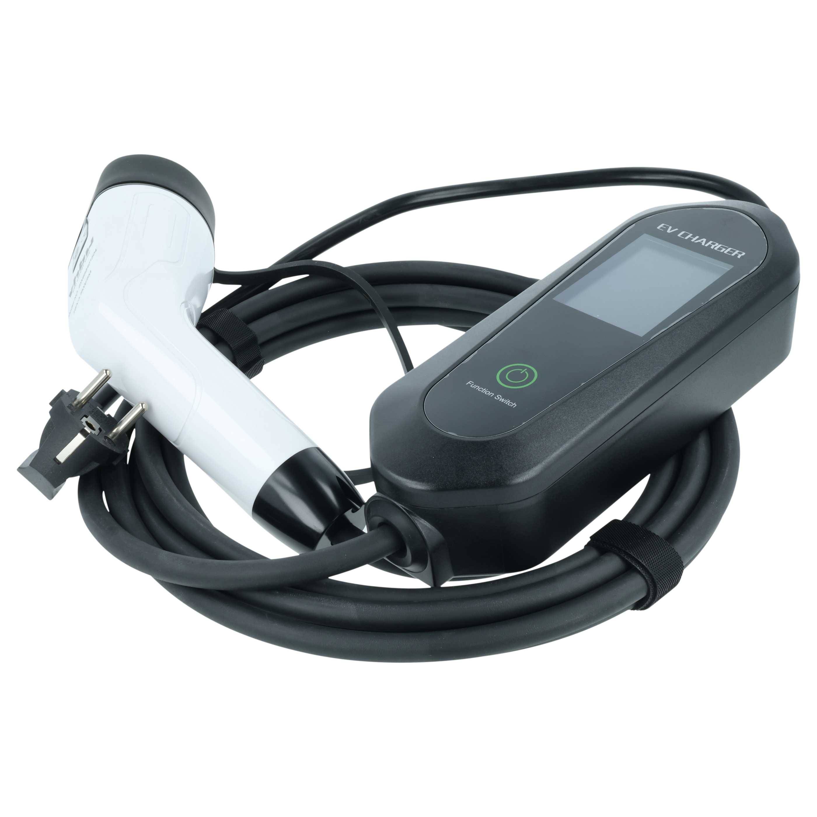 Ladekabel für Elektrofahrzeuge mit einer Steuerungsbox, die einen Bildschirm und eine einzelne Taste enthält und für einfache Aufbewahrung aufgerollt ist.