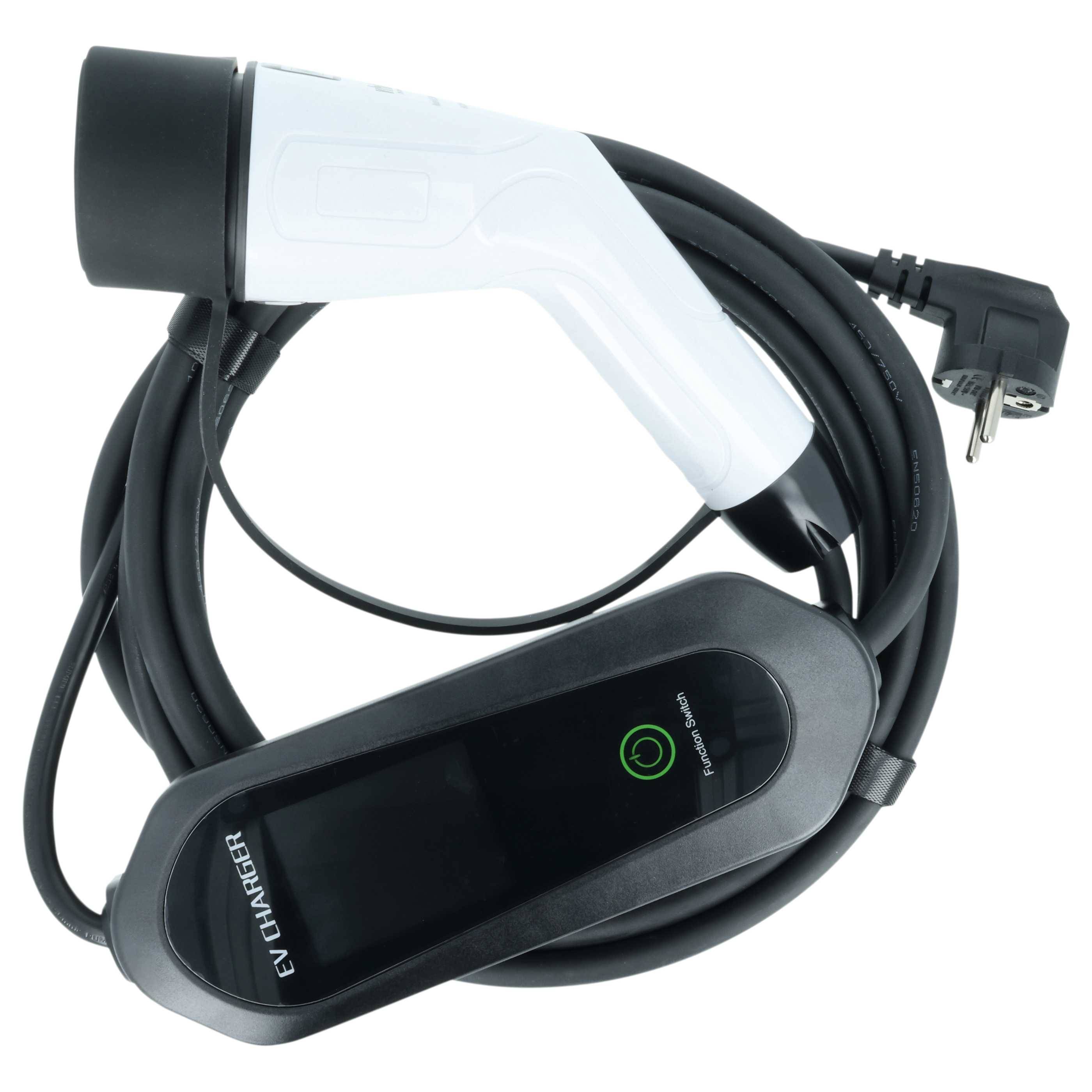 Elektrofahrzeug-Ladegerät mit einem aufgerollten Kabel und Stecker, das ein Display mit der Aufschrift 