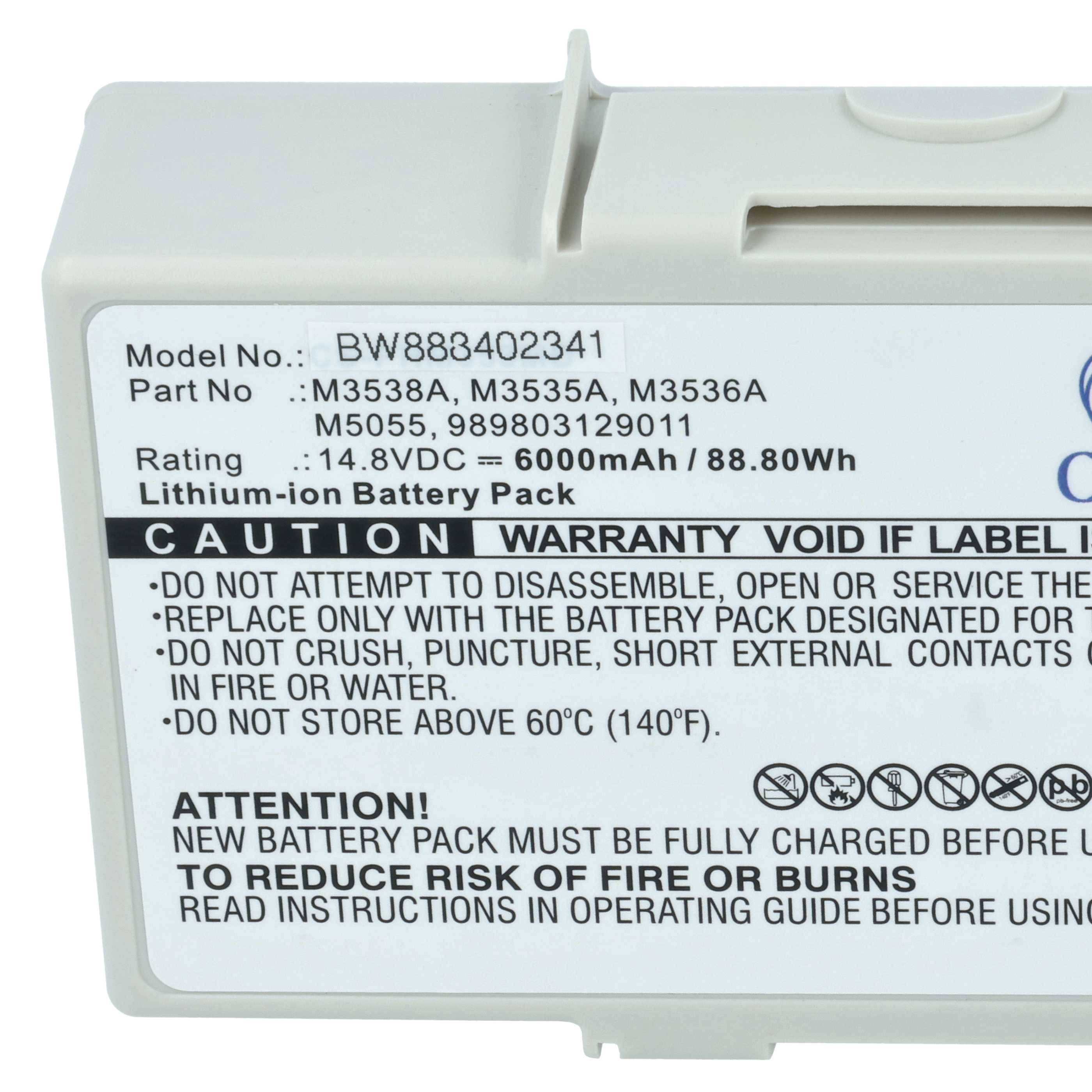 Nahaufnahme eines Lithium-Ionen-Batteriepacketikets mit der Modellnummer BW883402341, 14,8VDC, 6000mAh/88,80Wh und Sicherheitswarnungen vor Zerlegung, Zerstörung, Feuer und Hitze.