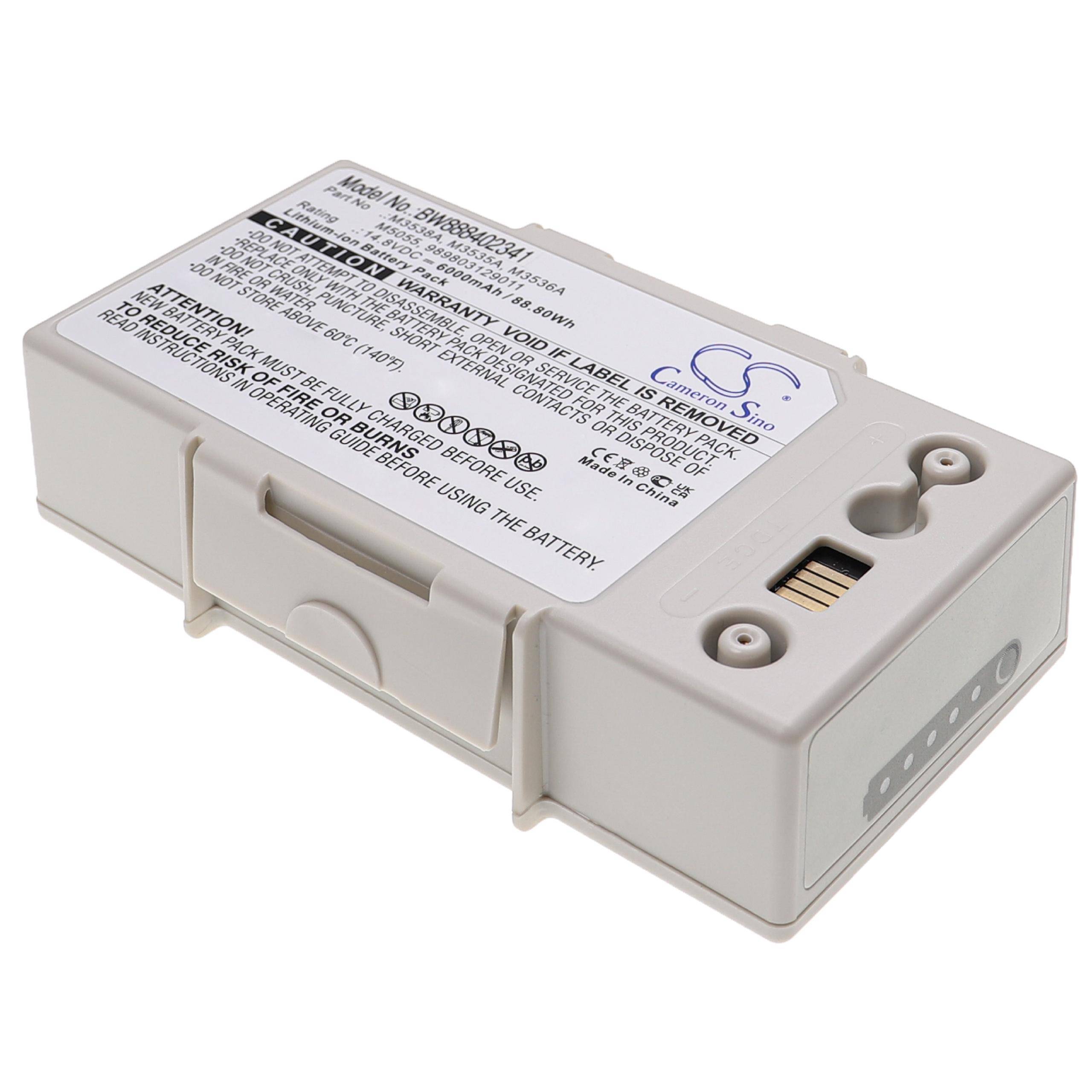 Weißes wiederaufladbares Batteriepaket mit Warnschild und Steckkontakten, auf weißem Hintergrund dargestellt.