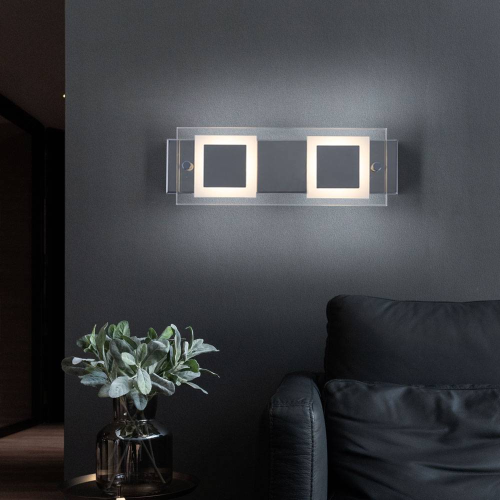 Wandleuchte Spiegellampe Wandlampe Glas satiniert LED Flurleuchte Wand Chrom, Metall, 2x LED 4,5W 400Lm warmweiß, LxBxH 30x10x5 cm