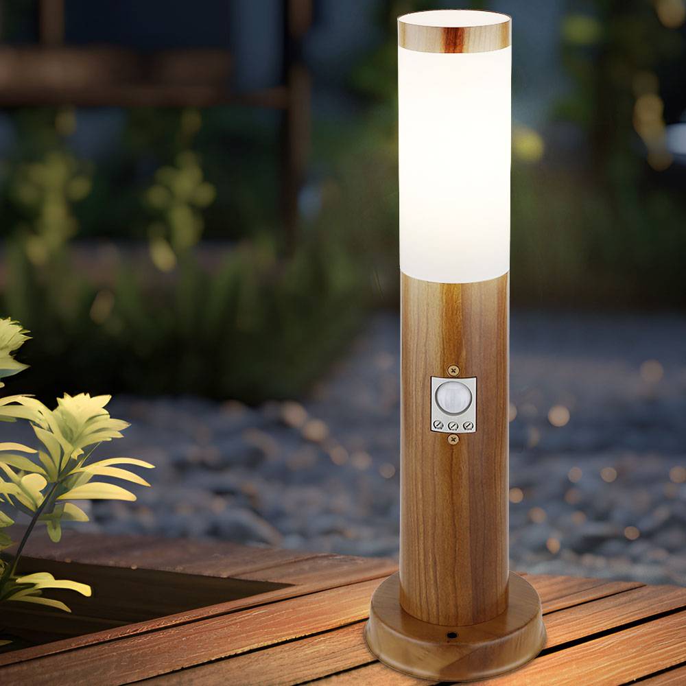 Sockelleuchte mit Bewegungsmelder Holz Optik Außen Standleuchte Pollerleuchte Edelstahl, App Steuerung, Smart RGB LED 10W 806Lm, DxH 7,6 x 45 cm