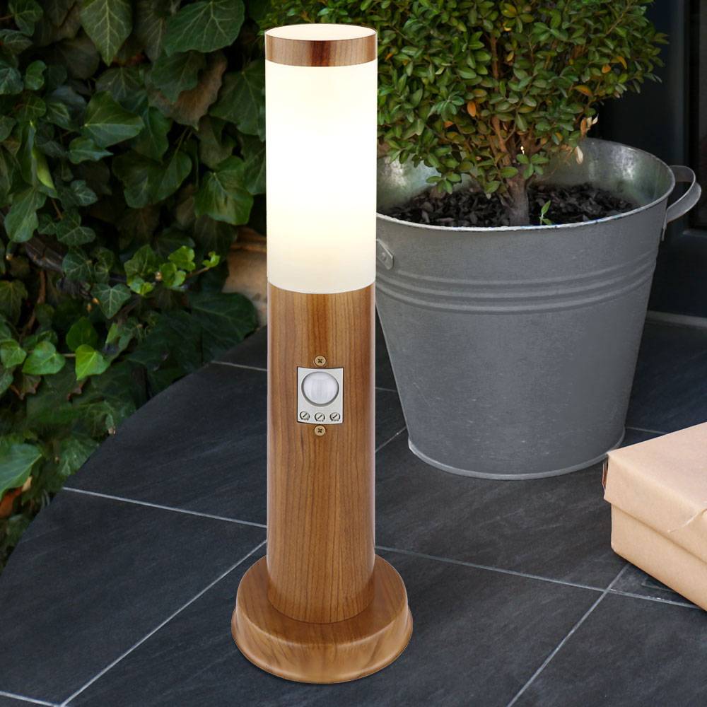 Sockelleuchte mit Bewegungsmelder Holz Optik Außen Standleuchte Pollerleuchte Edelstahl, App Steuerung, Smart RGB LED 10W 806Lm, DxH 7,6 x 45 cm