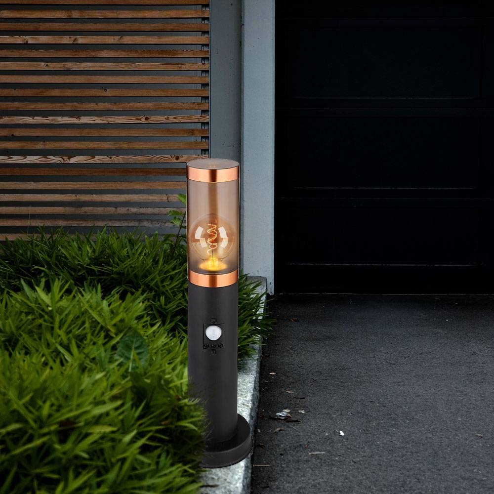 Sockelleuchte Standleuchte Außenbeleuchtung rauch Kupfer Außen mit Bewegungsmelder Garten Stehlampe, Edelstahl Kunststoff, 1x E27, DxH 7,6x45 cm