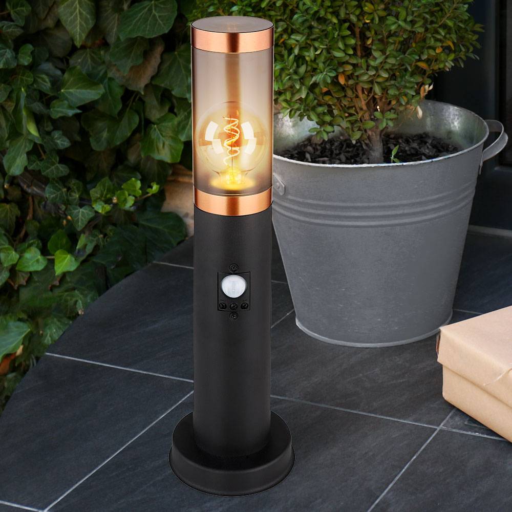 Sockelleuchte Standleuchte Außenbeleuchtung rauch Kupfer Außen mit Bewegungsmelder Garten Stehlampe, Edelstahl Kunststoff, 1x E27, DxH 7,6x45 cm,3er