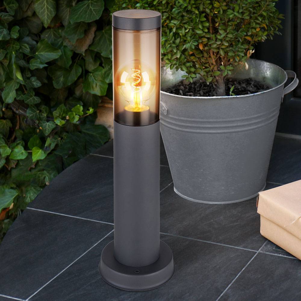 Wegeleuchte Pollerleuchte Außen Sockelleuchte Gartenlampen anthrazit IP44, Standleuchte Balkon, Edelstahl rauchfarben, 1x E27 Fassung, DxH 7,6x45cm