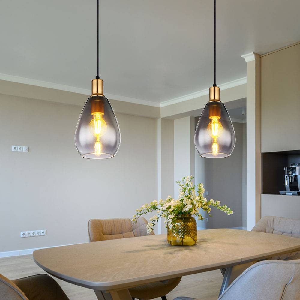 Pendelleuchte Hängelampe rauchglas Wohnzimmer 1 Flammig schwarz Deckenleuchte hängend, Metall messing, E27 Fassungen, DxH 15x120 cm, 2er Set