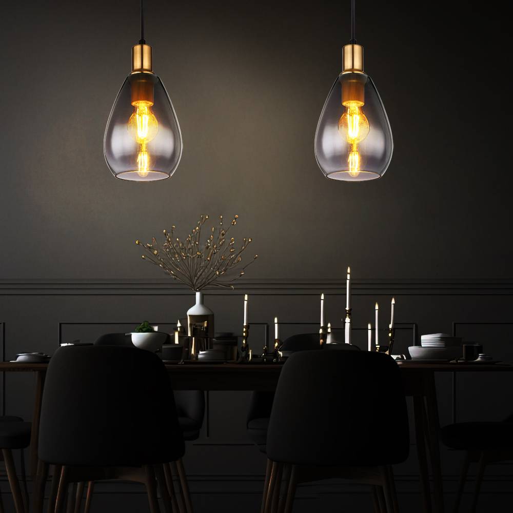 Pendelleuchte Hängelampe rauchglas Wohnzimmer 1 Flammig schwarz Deckenleuchte hängend, Metall messing, E27 Fassungen, DxH 15x120 cm, 2er Set