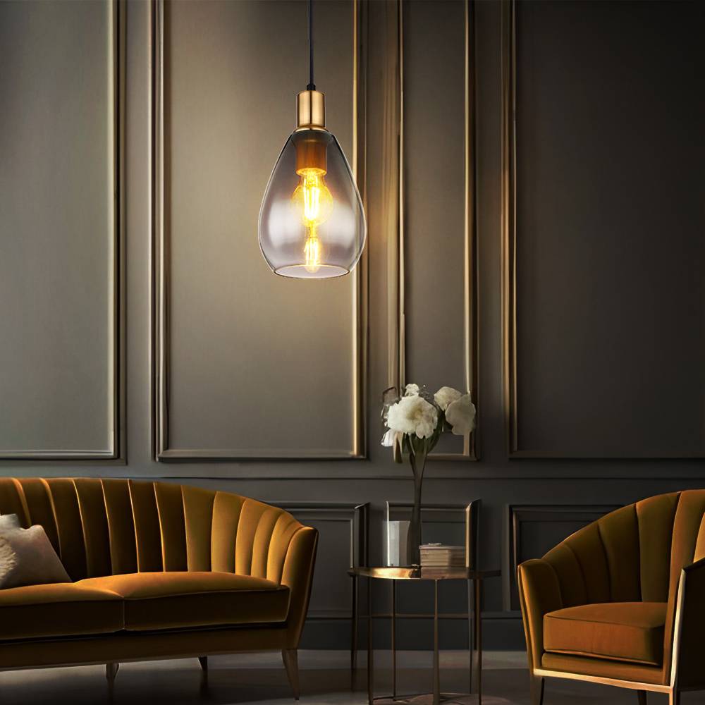 Pendelleuchte rauchglas Hängelampe Esszimmer 1 Flammig schwarz Deckenleuchte hängend, Metall messing, E27 Fassungen, DxH 15x120 cm