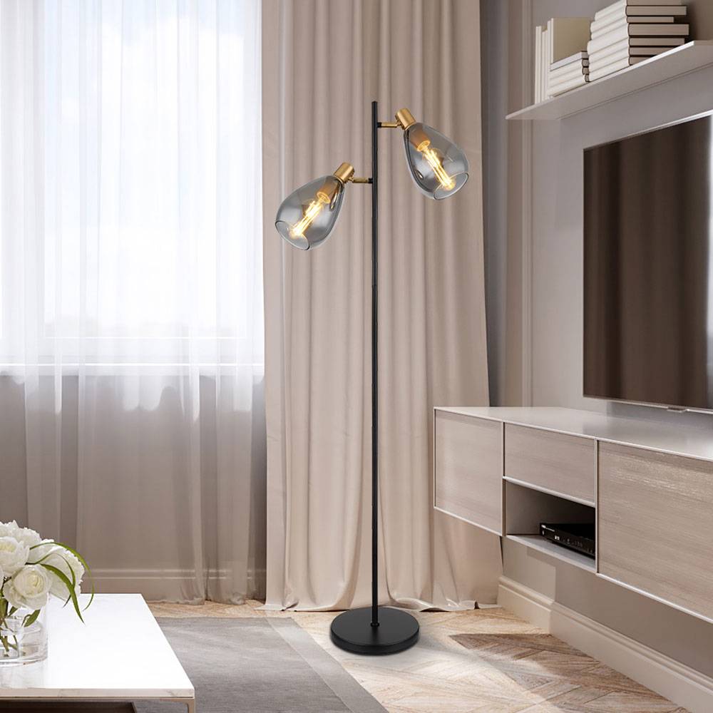 Stehleuchte Schlafzimmerlampe Beistellleuchte Stehlampe Wohnzimmerlampe, Glas rauch Metall schwarz, Fassungen 2x E27 HxLxB 160x34x25 cm
