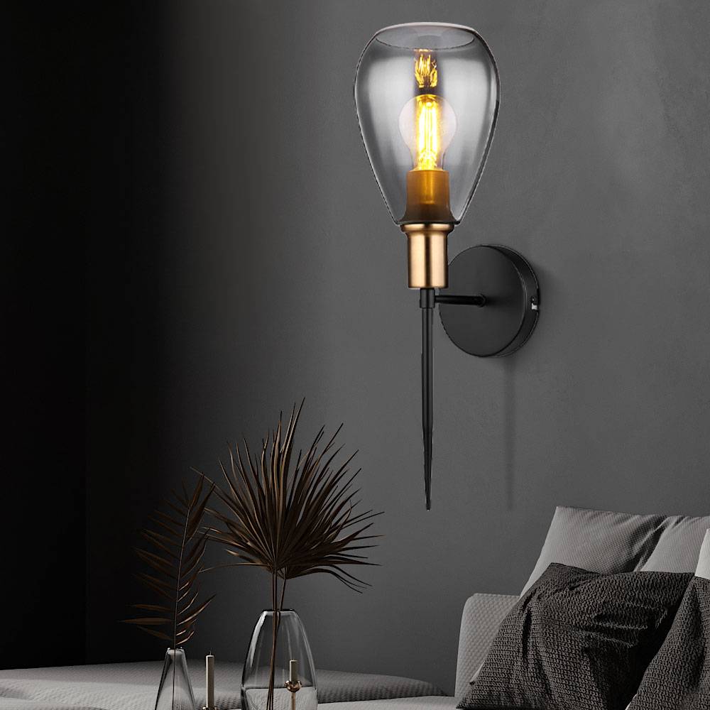 Wandlampe Lampenschirm Rauchglas Wohnzimmer Wandfackel Wandlampe schwarz Retro, Metall schwarz Glas, 1x E27 Fassung, HxBxÜ 48x15x19cm