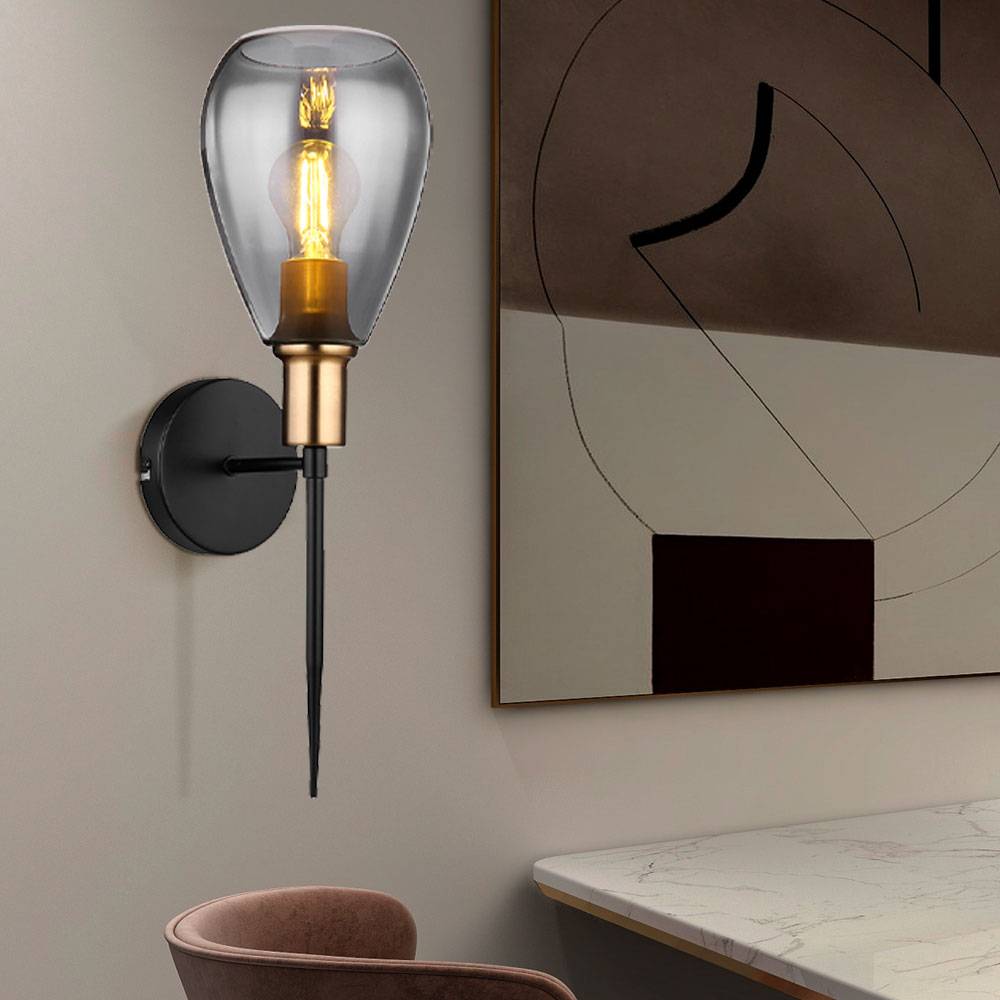 Wandlampe Lampenschirm Rauchglas Wohnzimmer Wandfackel Wandlampe schwarz Retro, Metall schwarz Glas, 1x E27 Fassung, HxBxÜ 48x15x19cm